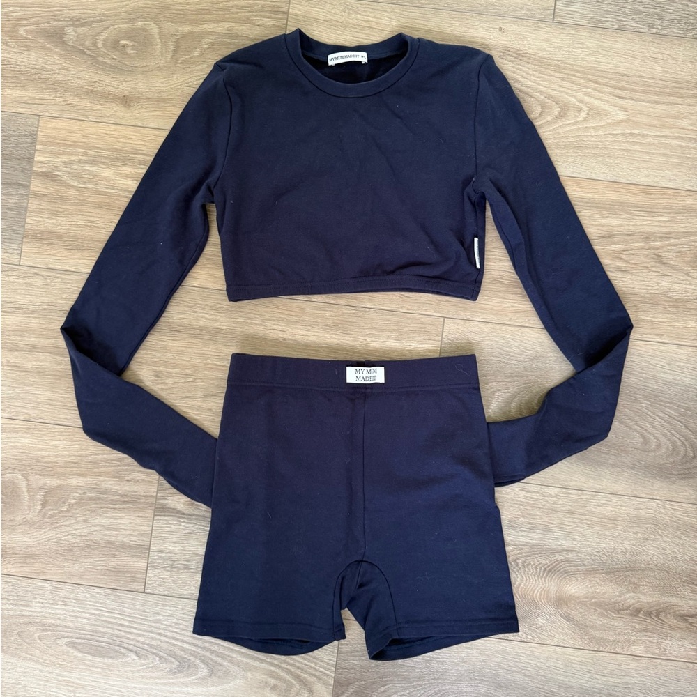 Navy Blue Long Sleeve Crop Top and Shorts Set